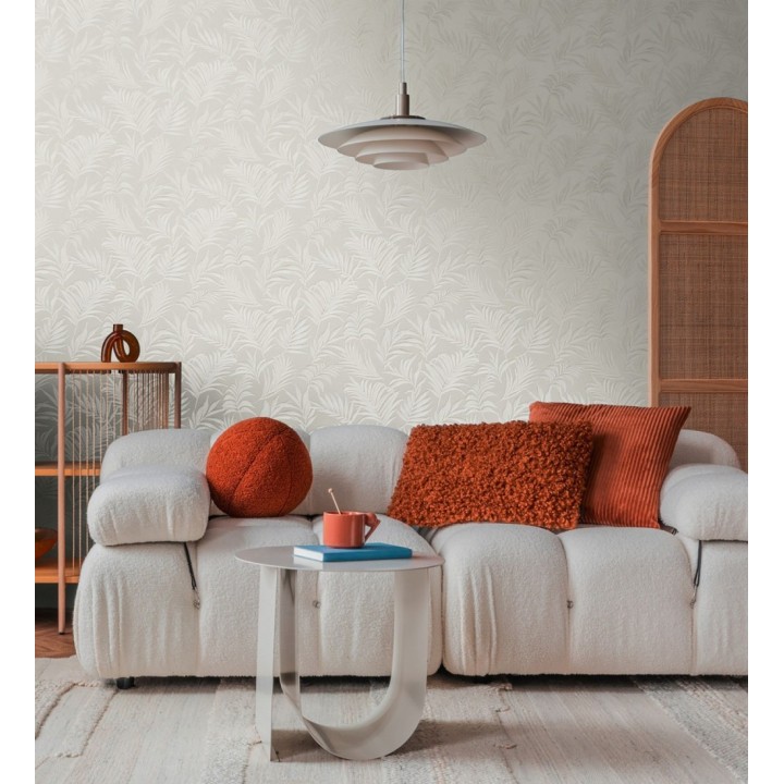 Papel pintado de hojas bordadas sobre fondo texturado en blanco roto - Selene Ethereal 684703