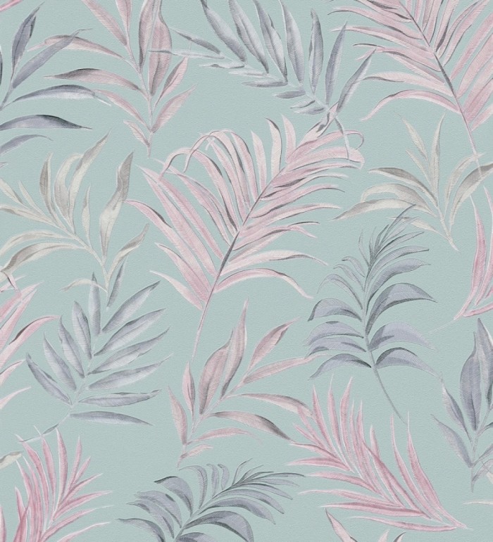 Papel pintado de hojas bordadas sobre fondo texturado verde agua - Selene Ethereal 684704