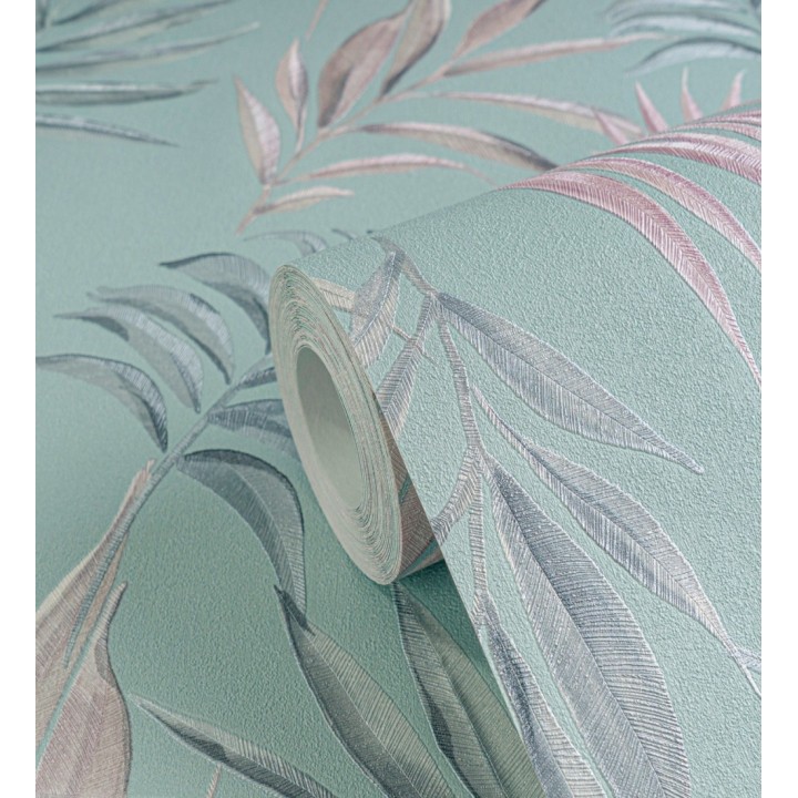 Papel pintado de hojas bordadas sobre fondo texturado verde agua - Selene Ethereal 684704