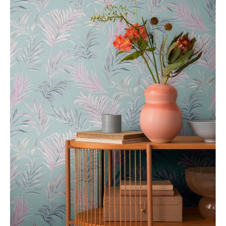 Papel pintado de hojas bordadas sobre fondo texturado verde agua - Selene Ethereal 684704