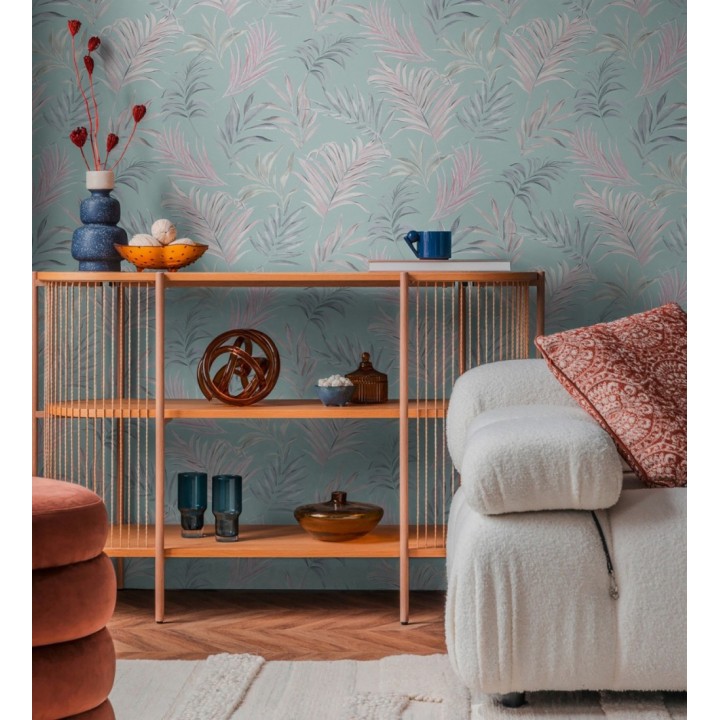 Papel pintado de hojas bordadas sobre fondo texturado verde agua - Selene Ethereal 684704