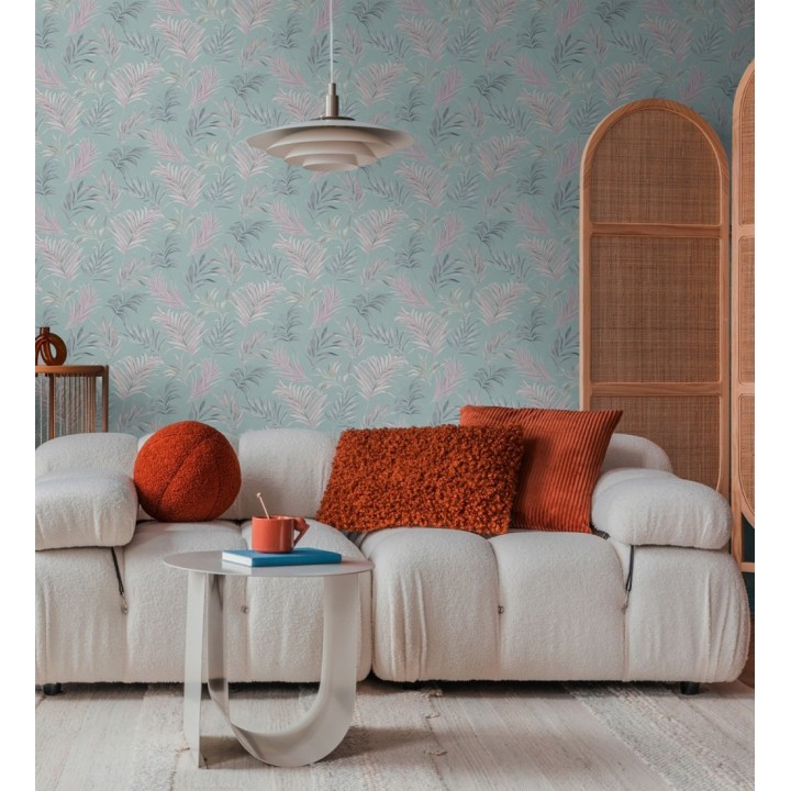 Papel pintado de hojas bordadas sobre fondo texturado verde agua - Selene Ethereal 684704