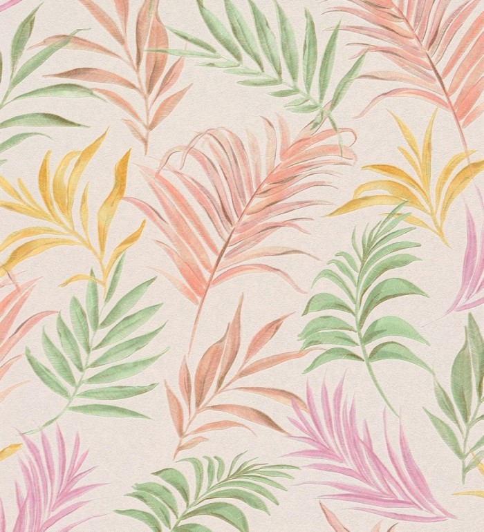 Papel pintado de hojas bordadas sobre fondo texturado en coral claro - Selene Ethereal 684705