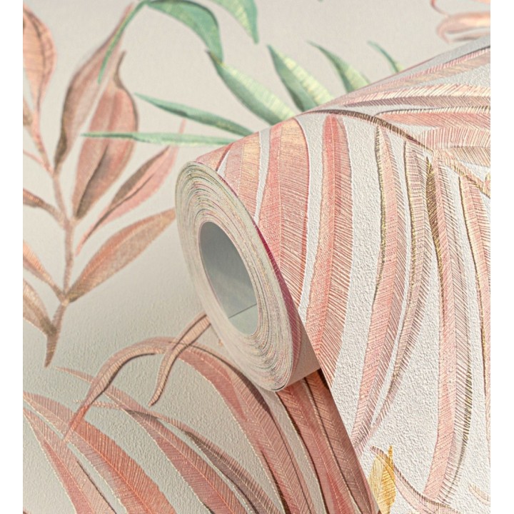 Papel pintado de hojas bordadas sobre fondo texturado en coral claro - Selene Ethereal 684705