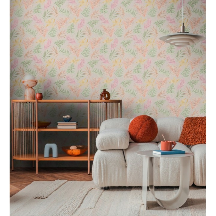 Papel pintado de hojas bordadas sobre fondo texturado en coral claro - Selene Ethereal 684705