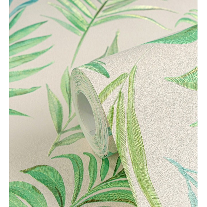 Papel pintado de hojas bordadas sobre fondo texturado en arena claro - Selene Ethereal 684706