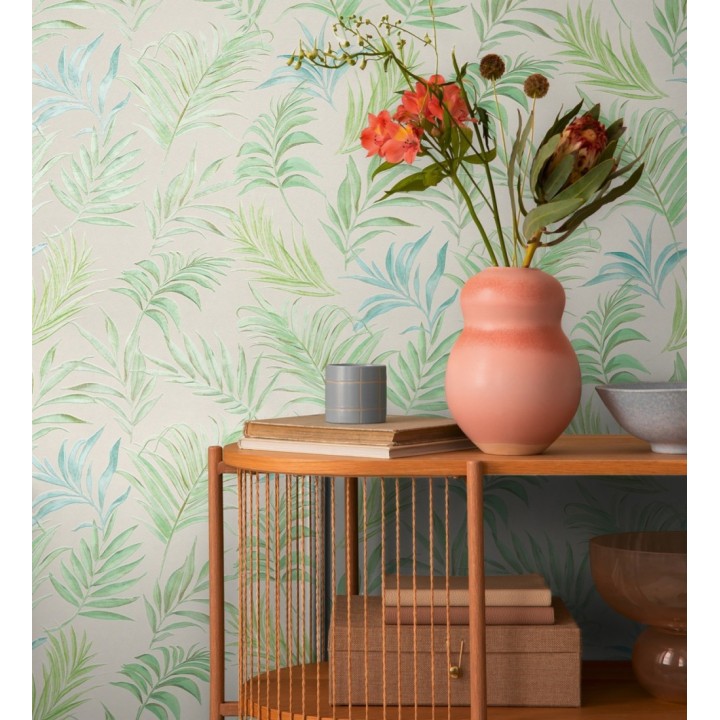 Papel pintado de hojas bordadas sobre fondo texturado en arena claro - Selene Ethereal 684706