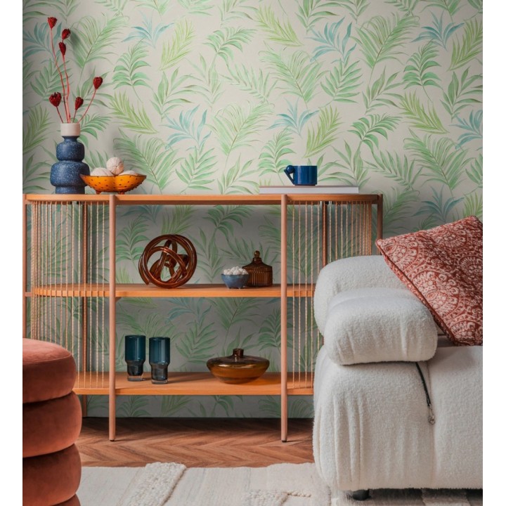 Papel pintado de hojas bordadas sobre fondo texturado en arena claro - Selene Ethereal 684706