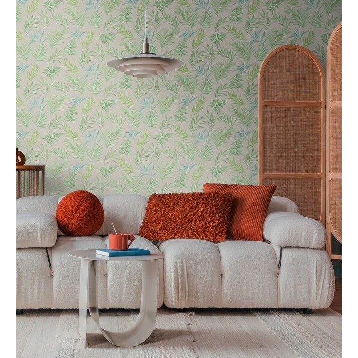 Papel pintado de hojas bordadas sobre fondo texturado en arena claro - Selene Ethereal 684706