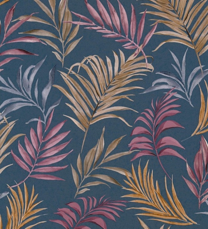 Papel pintado de hojas bordadas sobre fondo texturado en azul oscuro - Selene Ethereal 684707