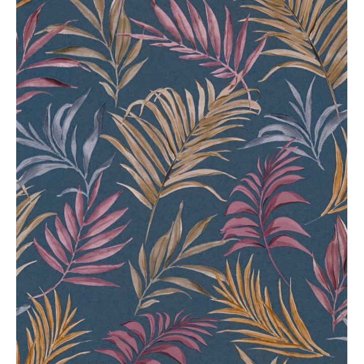 Papel pintado de hojas bordadas sobre fondo texturado en azul oscuro - Selene Ethereal 684707