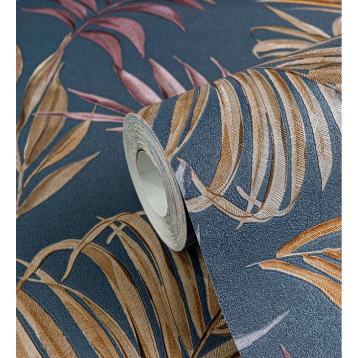 Papel pintado de hojas bordadas sobre fondo texturado en azul oscuro - Selene Ethereal 684707