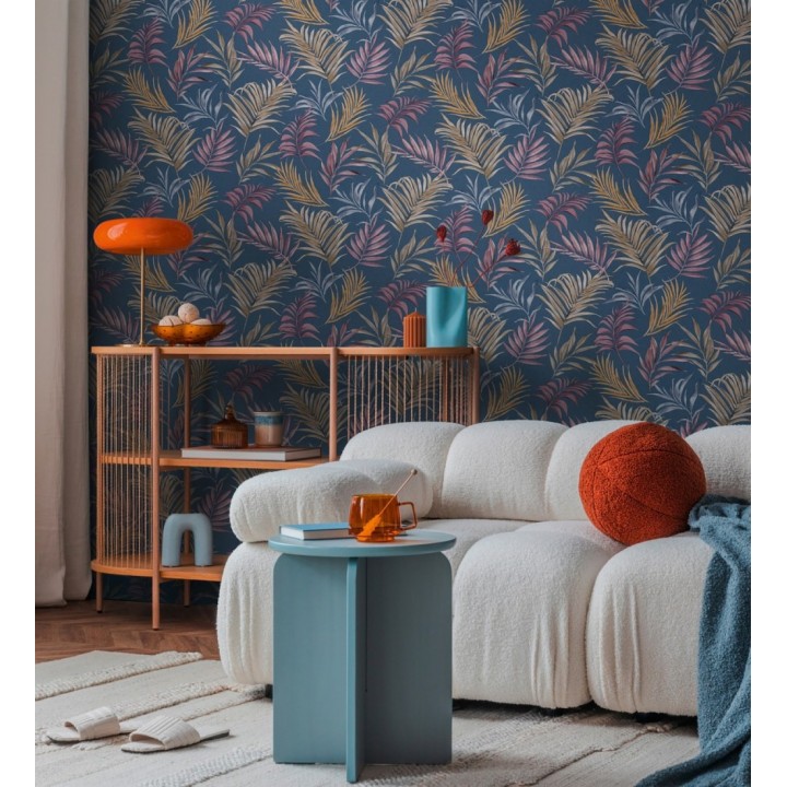 Papel pintado de hojas bordadas sobre fondo texturado en azul oscuro - Selene Ethereal 684707