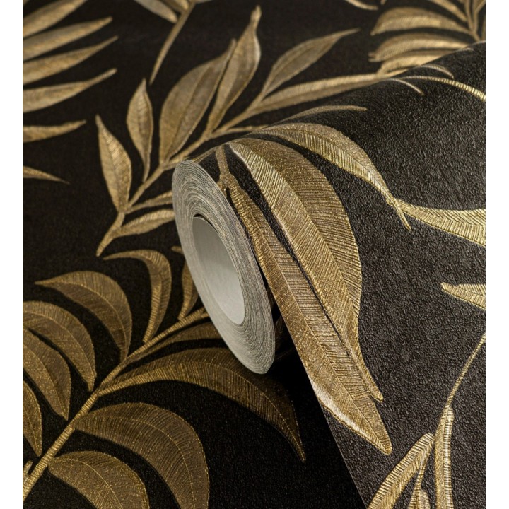 Papel pintado de hojas bordadas en oro sobre fondo texturado - Selene Ethereal 684708