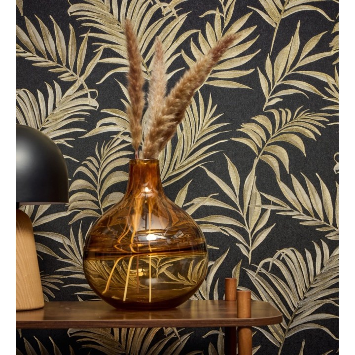 Papel pintado de hojas bordadas en oro sobre fondo texturado - Selene Ethereal 684708