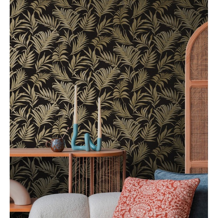 Papel pintado de hojas bordadas en oro sobre fondo texturado - Selene Ethereal 684708