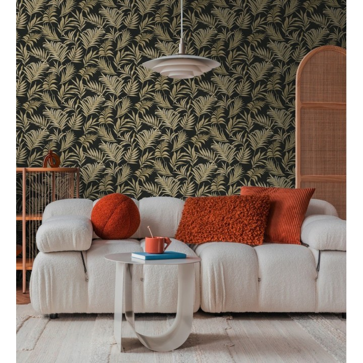 Papel pintado de hojas bordadas en oro sobre fondo texturado - Selene Ethereal 684708