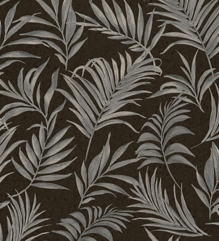 Papel pintado de hojas bordadas en gris metalizado sobre fondo texturado - Selene Ethereal 684709