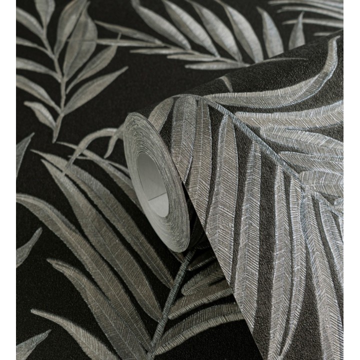 Papel pintado de hojas bordadas en gris metalizado sobre fondo texturado - Selene Ethereal 684709