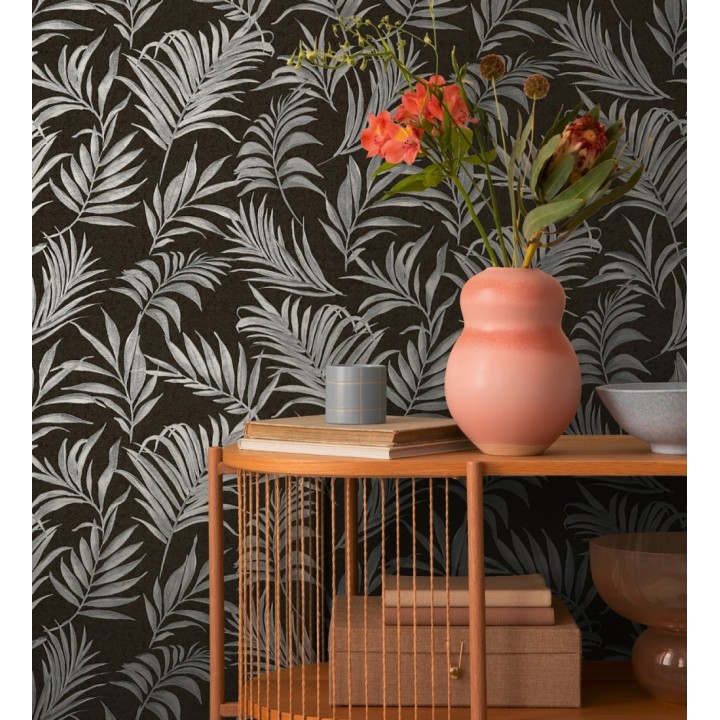 Papel pintado de hojas bordadas en gris metalizado sobre fondo texturado - Selene Ethereal 684709