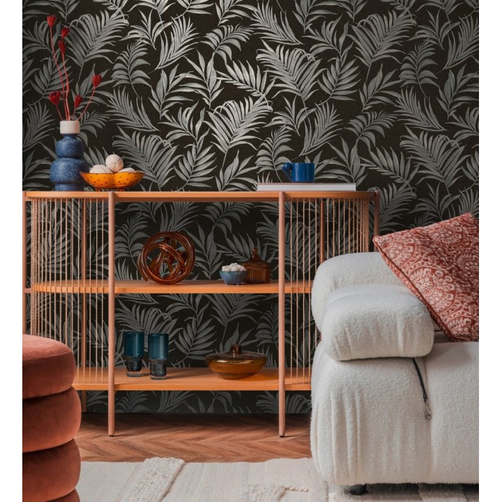 Papel pintado de hojas bordadas en gris metalizado sobre fondo texturado - Selene Ethereal 684709