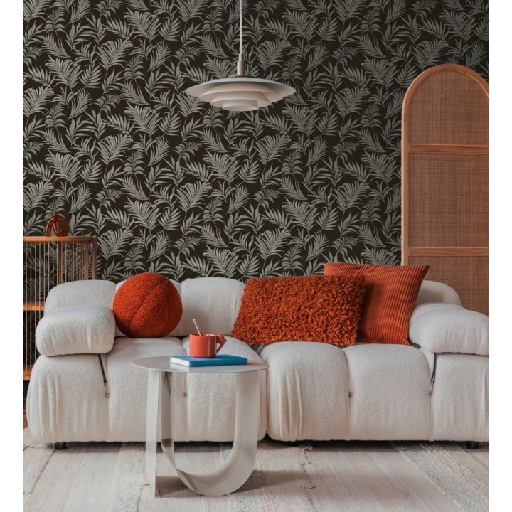 Papel pintado de hojas bordadas en gris metalizado sobre fondo texturado - Selene Ethereal 684709