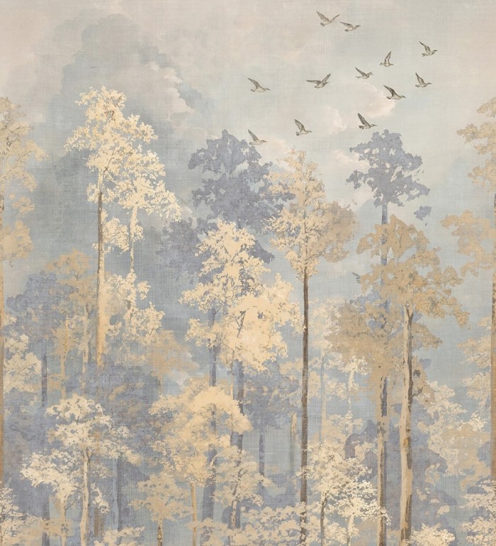 Papel pintado mural de bosque otoñal con siluetas de aves en vuelo - Soren Woodland 684712