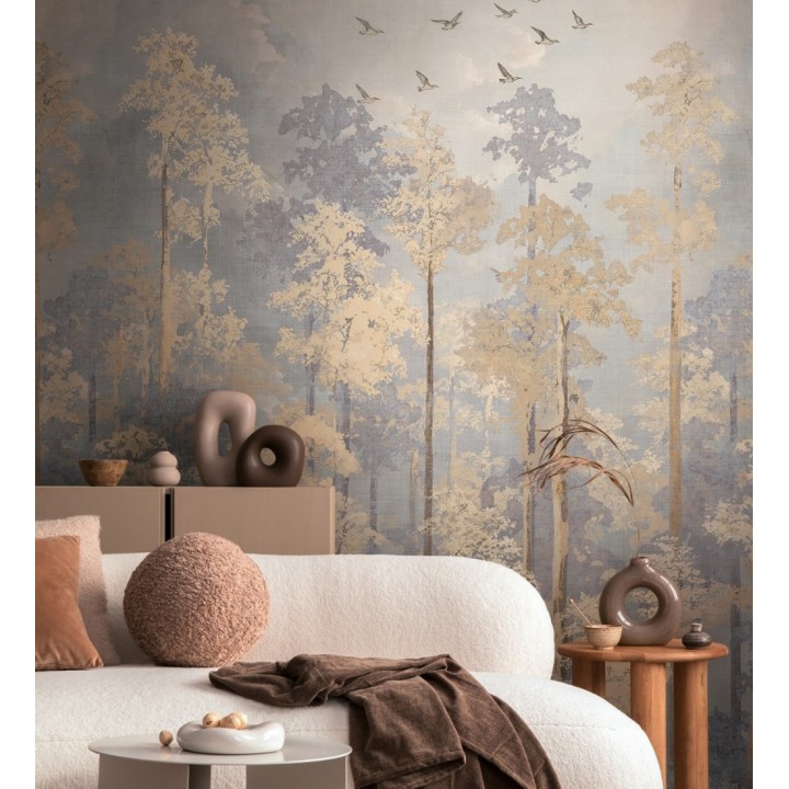 Papel pintado mural de bosque otoñal con siluetas de aves en vuelo - Soren Woodland 684712