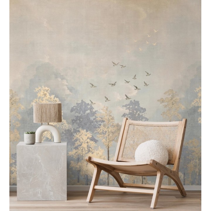Papel pintado mural de bosque otoñal con siluetas de aves en vuelo - Soren Woodland 684712