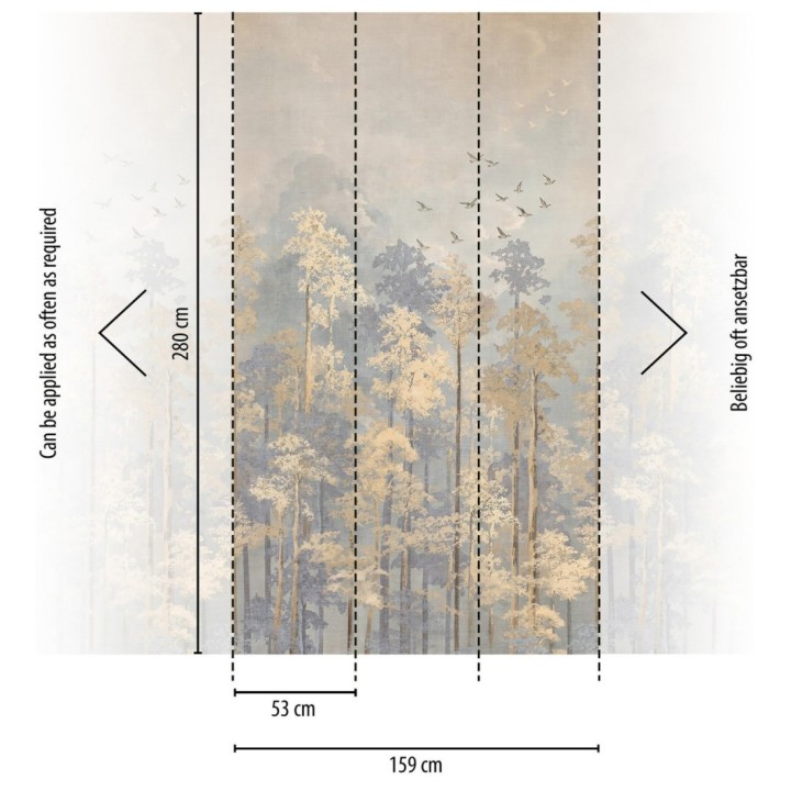 Papel pintado mural de bosque otoñal con siluetas de aves en vuelo - Soren Woodland 684712