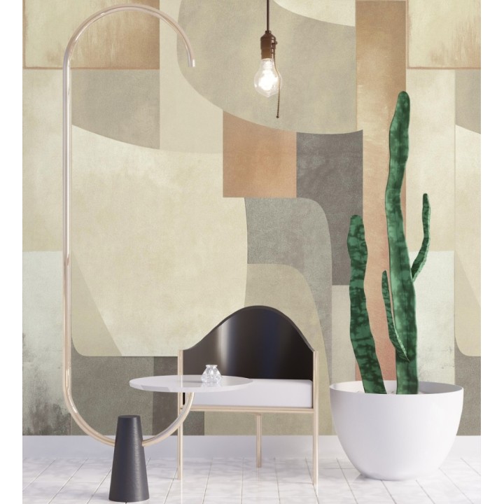 Papel pintado mural relieve visual de figuras abstractas en color ocre y gris - Basilea Layers 684714