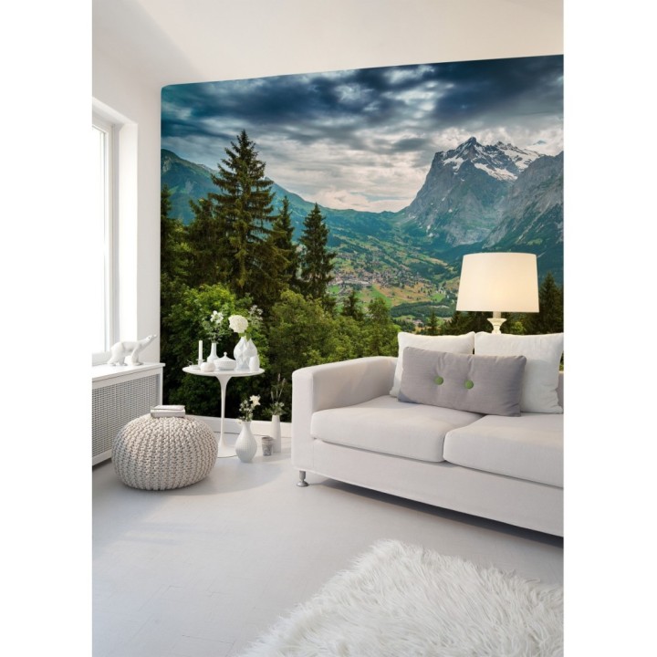 Papel pintado mural valle alpino con aldea y cumbres nevadas - Nature Haven 684720