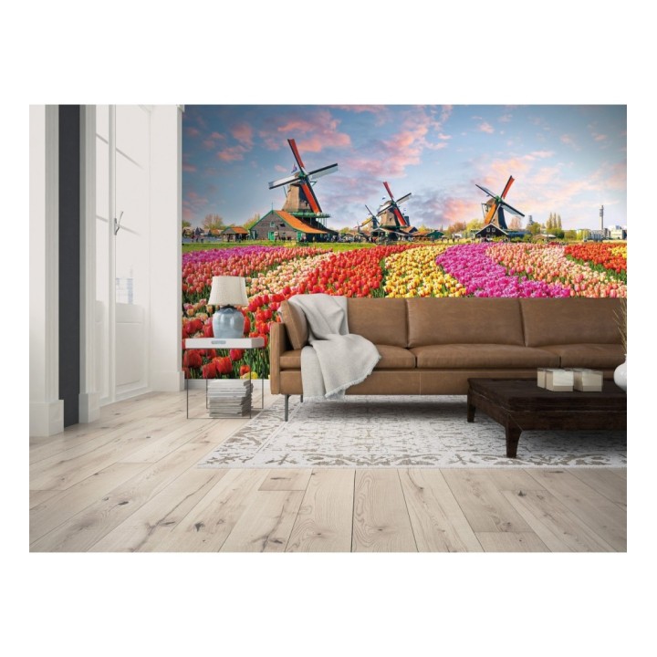 Papel pintado mural tulipanes multicolor y molinos holandeses - Odessa Trail 684747