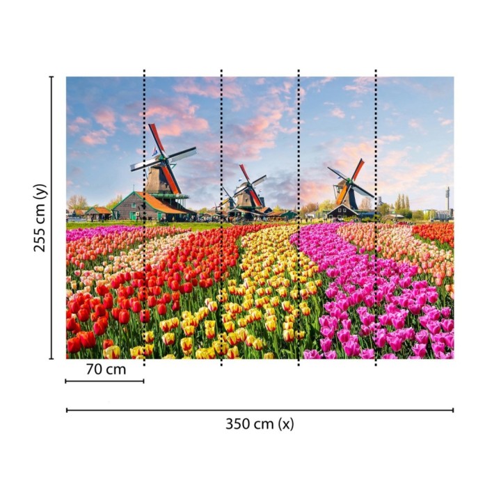Papel pintado mural tulipanes multicolor y molinos holandeses - Odessa Trail 684747