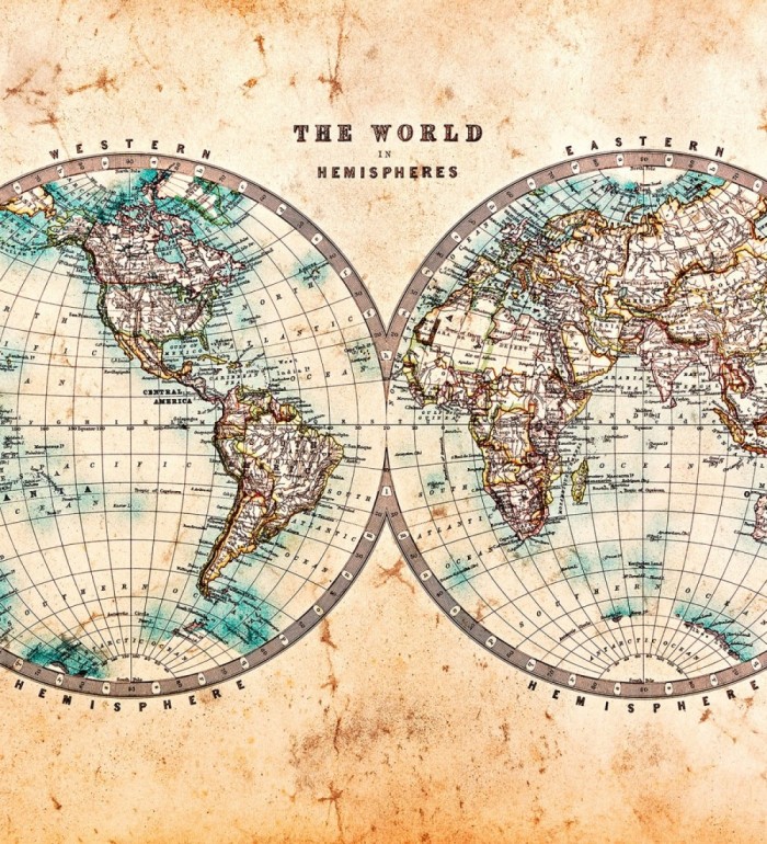 Papel pintado mural mapa del mundo de estilo explorador con pátina antigua - World Meridian 684749