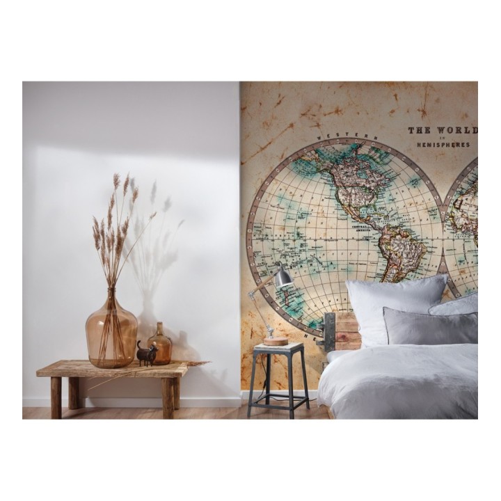 Papel pintado mural mapa del mundo de estilo explorador con pátina antigua - World Meridian 684749