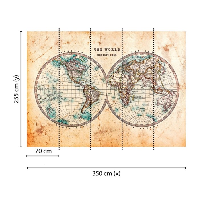 Papel pintado mural mapa del mundo de estilo explorador con pátina antigua - World Meridian 684749