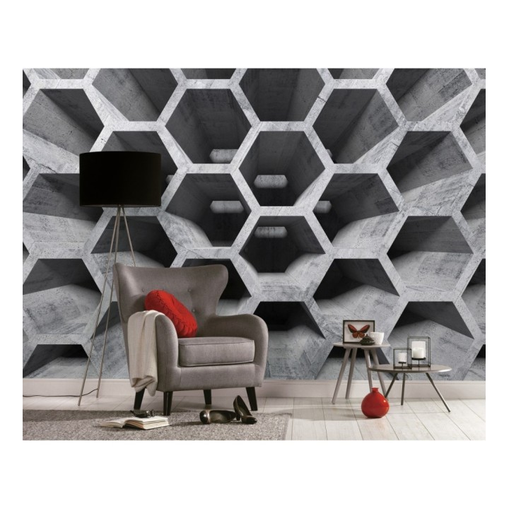 Papel pintado mural geométrico 3D con estructura de panal en cemento - Olaven Perspective 684752