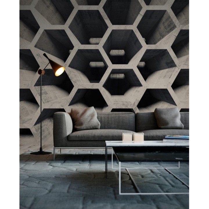 Papel pintado mural geométrico 3D con estructura de panal en cemento - Olaven Perspective 684753