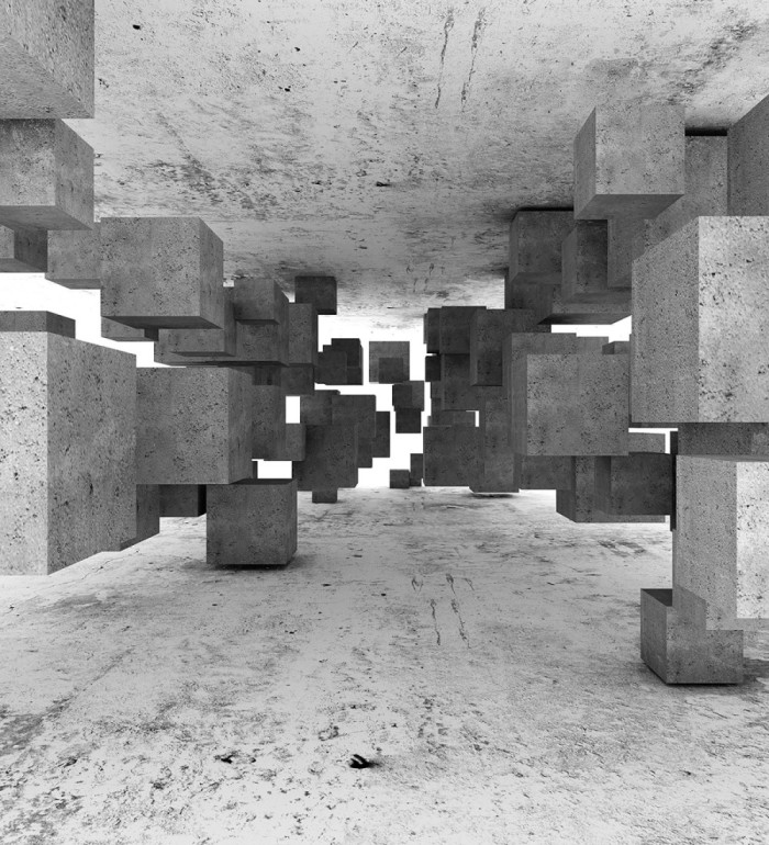 Papel pintado mural geométrico 3D con cubos de hormigón flotantes - Olaven Perspective 684754