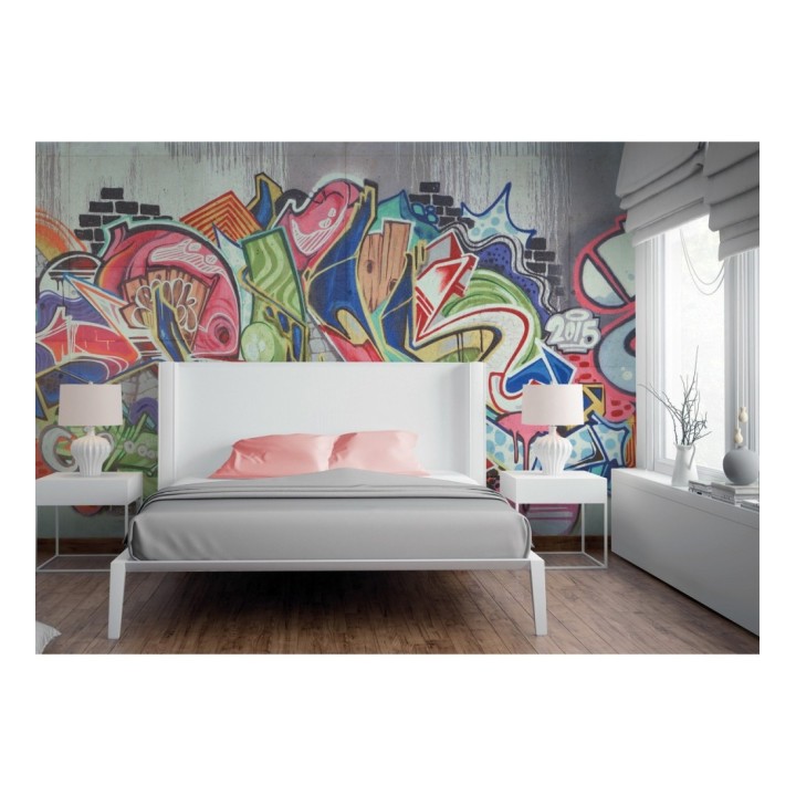 Papel pintado mural de arte urbano con graffitis abstractos y colores vibrantes - Basquiat Graffiti 684769