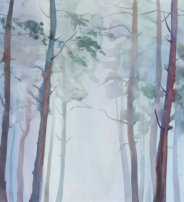Papel pintado mural de bosque de pinos con efecto acuarela y niebla - Aleris Glaze 684770