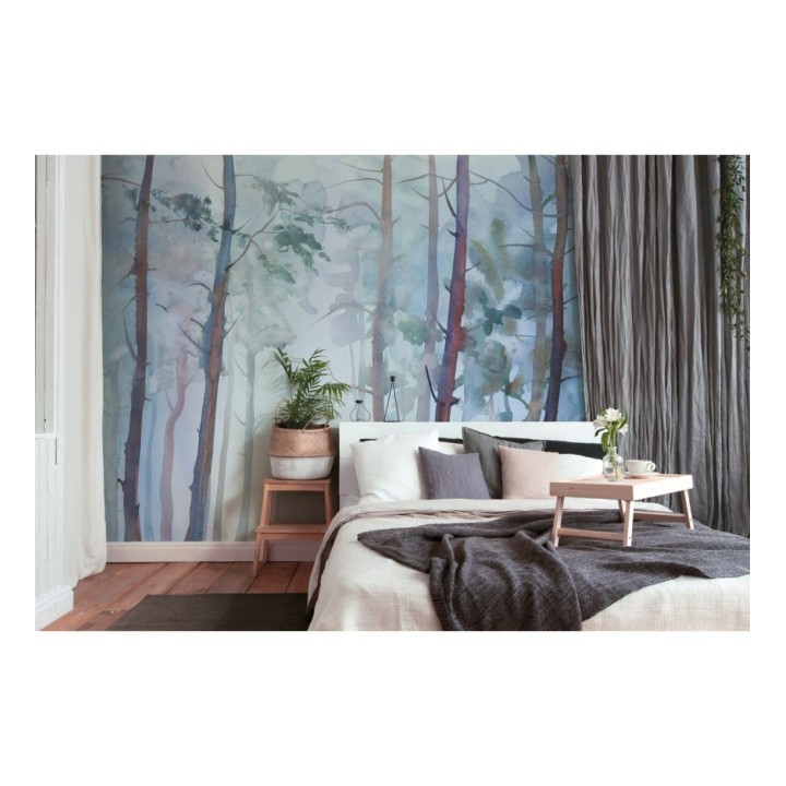 Papel pintado mural de bosque de pinos con efecto acuarela y niebla - Aleris Glaze 684770