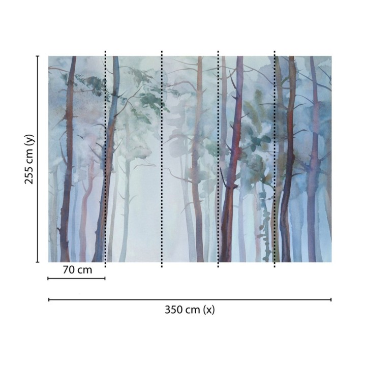 Papel pintado mural de bosque de pinos con efecto acuarela y niebla - Aleris Glaze 684770
