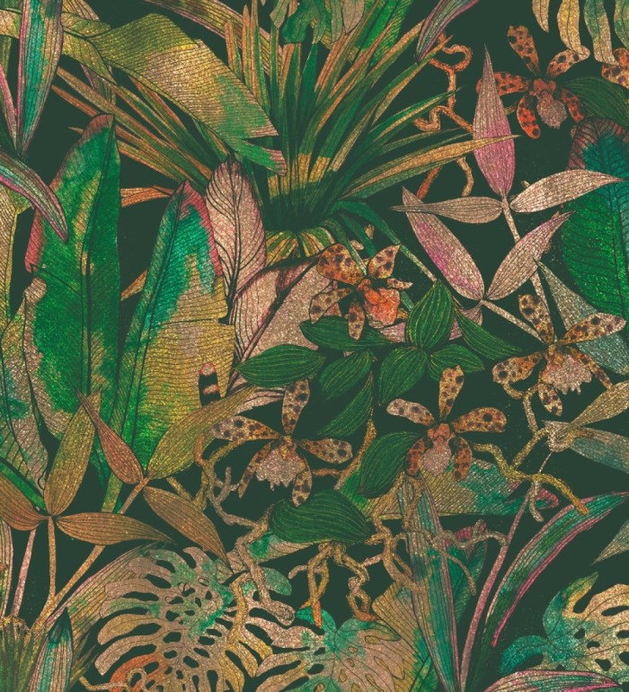 Papel pintado mural botánico de lujo con hojas tropicales y flores exóticas - Glissar Verdant 684772