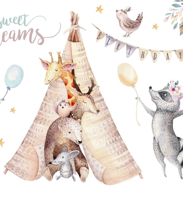 Papel pintado mural infantil con animales del bosque y tipi en acuarela - Calani Fable 684773