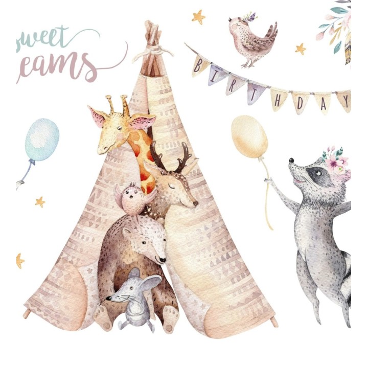 Papel pintado mural infantil con animales del bosque y tipi en acuarela - Calani Fable 684773