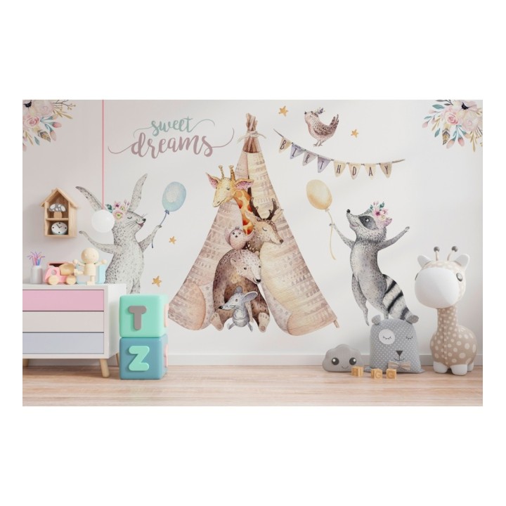 Papel pintado mural infantil con animales del bosque y tipi en acuarela - Calani Fable 684773
