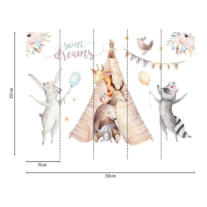Papel pintado mural infantil con animales del bosque y tipi en acuarela - Calani Fable 684773