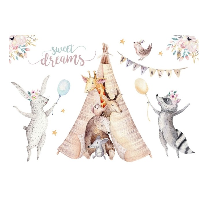 Papel pintado mural infantil con animales del bosque y tipi en acuarela - Calani Fable 684773